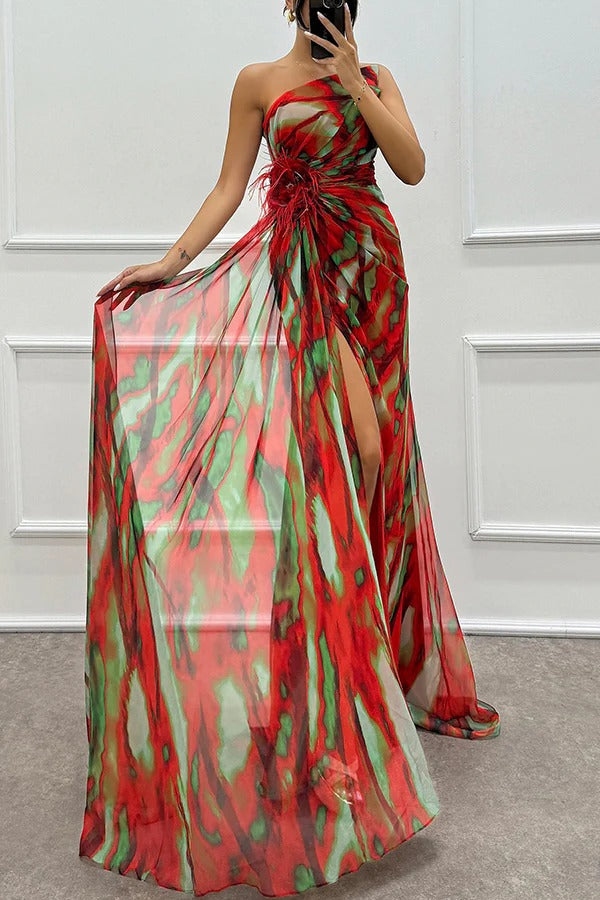 Calista | Women's Chiffon One-Shoulder Feather-Trim Maxi Dress