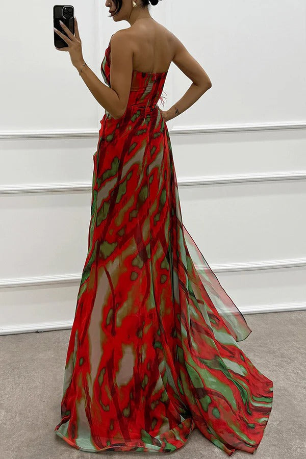 Calista | Women's Chiffon One-Shoulder Feather-Trim Maxi Dress