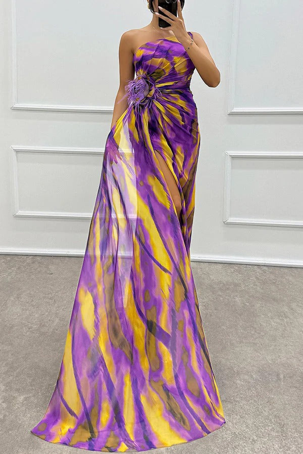 Calista | Women's Chiffon One-Shoulder Feather-Trim Maxi Dress