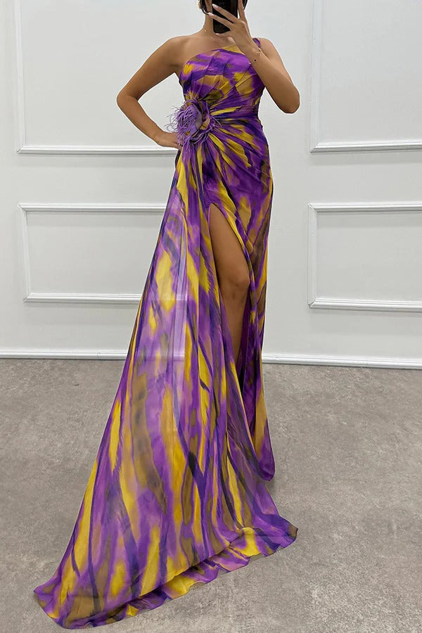 Calista | Women's Chiffon One-Shoulder Feather-Trim Maxi Dress