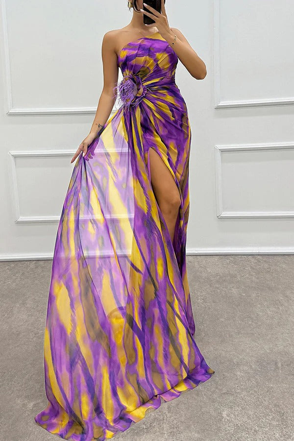 Calista | Women's Chiffon One-Shoulder Feather-Trim Maxi Dress