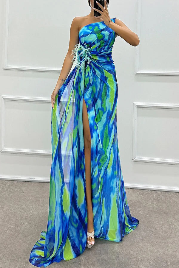 Calista | Women's Chiffon One-Shoulder Feather-Trim Maxi Dress