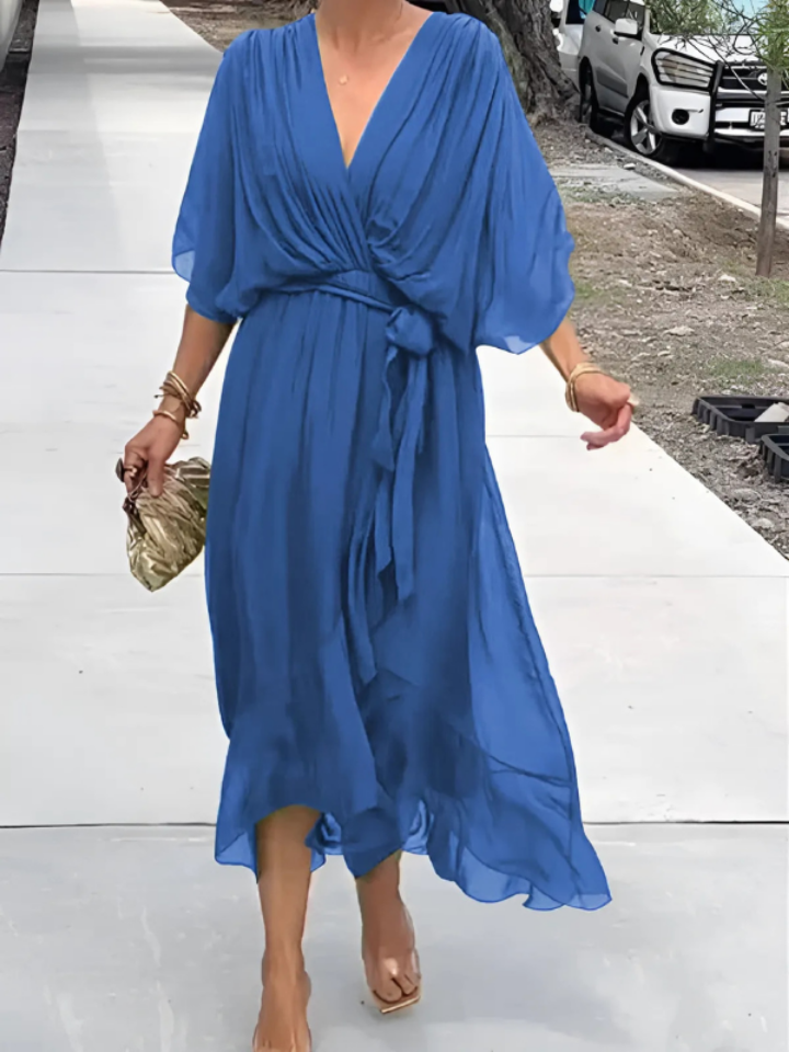 Calista | Women's Chiffon V-Neck Belted Maxi Dress Elegant