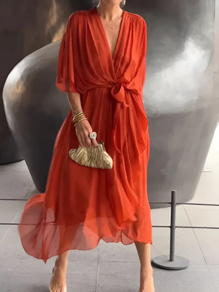 Calista | Women's Chiffon V-Neck Belted Maxi Dress Elegant