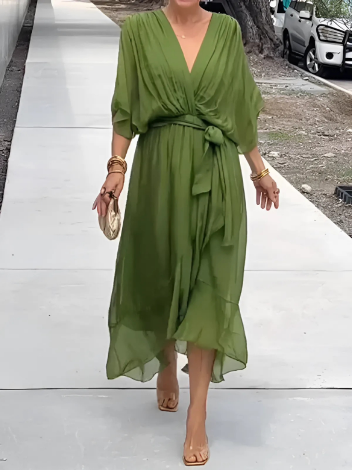 Calista | Women's Chiffon V-Neck Belted Maxi Dress Elegant