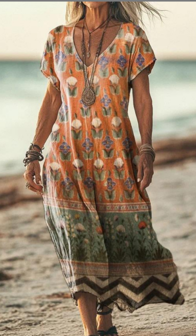 Calla | Women's Linen Print V-Neck Short Sleeve Midi Dress