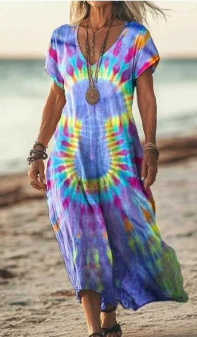 Calla | Women's Linen Print V-Neck Short Sleeve Midi Dress