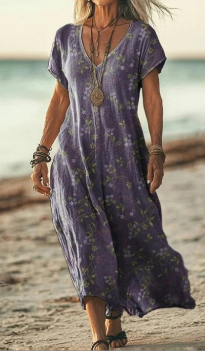 Calla | Women's Linen Print V-Neck Short Sleeve Midi Dress