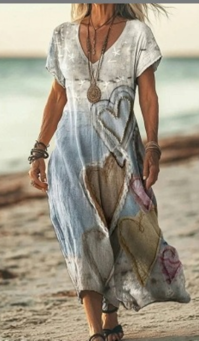 Calla | Women's Linen Print V-Neck Short Sleeve Midi Dress