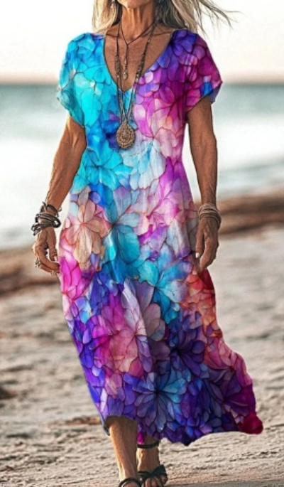 Calla | Women's Linen Print V-Neck Short Sleeve Midi Dress