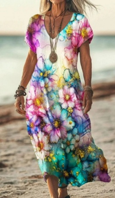 Calla | Women's Linen Print V-Neck Short Sleeve Midi Dress