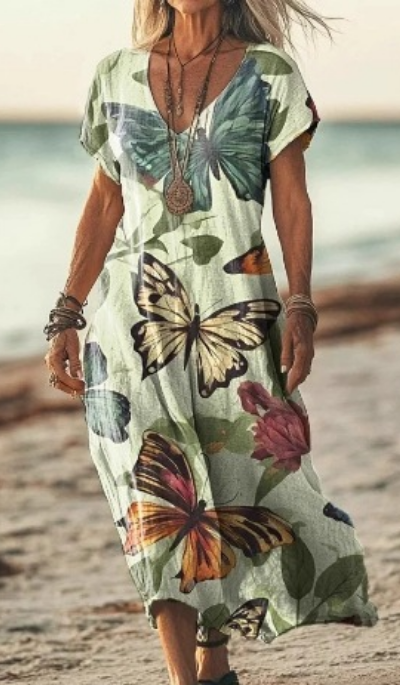 Calla | Women's Linen Print V-Neck Short Sleeve Midi Dress