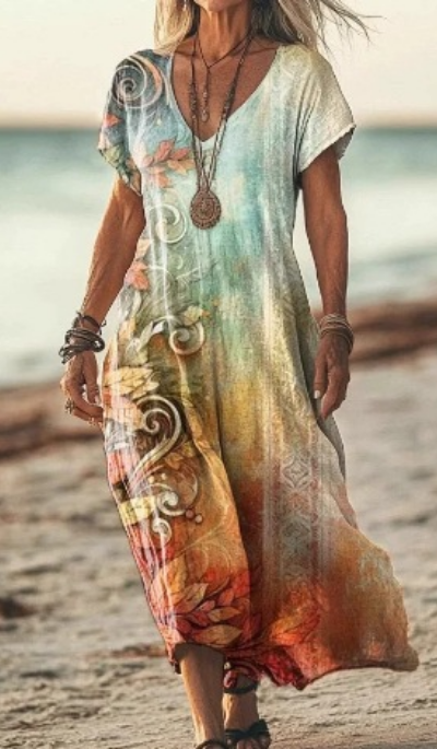 Calla | Women's Linen Print V-Neck Short Sleeve Midi Dress
