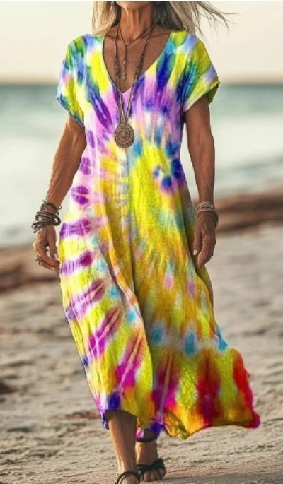 Calla | Women's Linen Print V-Neck Short Sleeve Midi Dress