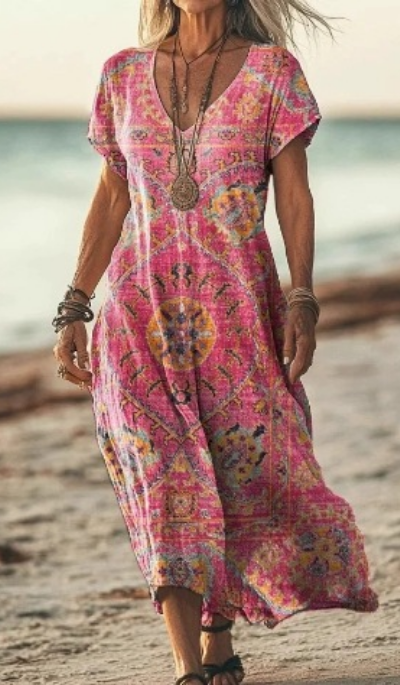 Calla | Women's Linen Print V-Neck Short Sleeve Midi Dress