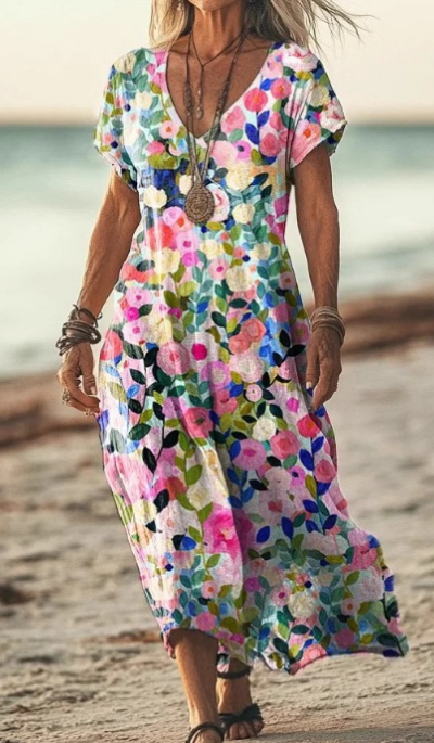 Calla | Women's Linen Print V-Neck Short Sleeve Midi Dress
