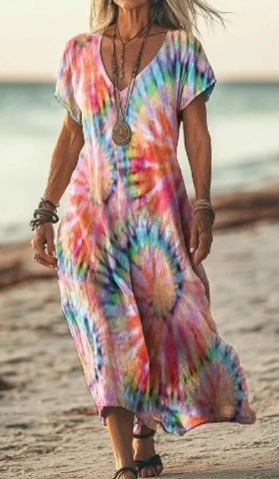 Calla | Women's Linen Print V-Neck Short Sleeve Midi Dress