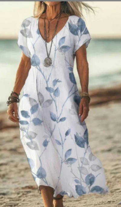 Calla | Women's Linen Print V-Neck Short Sleeve Midi Dress