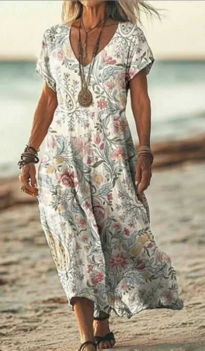 Calla | Women's Linen Print V-Neck Short Sleeve Midi Dress