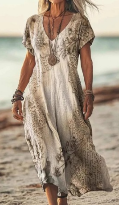 Calla | Women's Linen Print V-Neck Short Sleeve Midi Dress