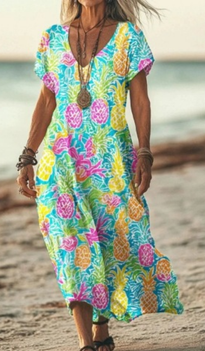 Calla | Women's Linen Print V-Neck Short Sleeve Midi Dress