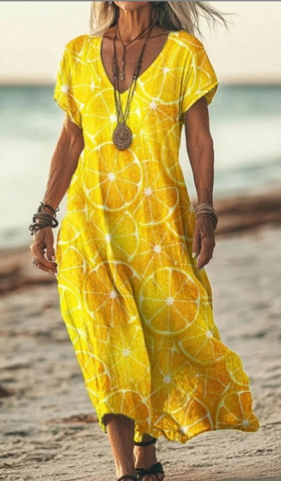 Calla | Women's Linen Print V-Neck Short Sleeve Midi Dress