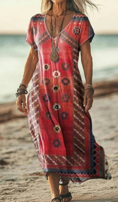 Calla | Women's Linen Print V-Neck Short Sleeve Midi Dress