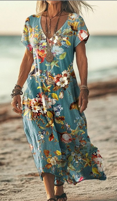 Calla | Women's Linen Print V-Neck Short Sleeve Midi Dress