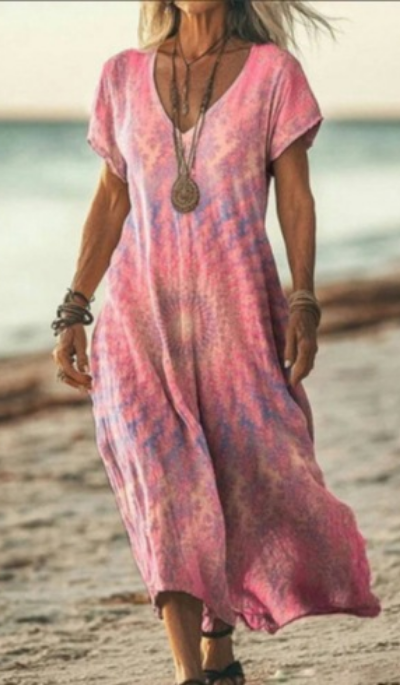 Calla | Women's Linen Print V-Neck Short Sleeve Midi Dress