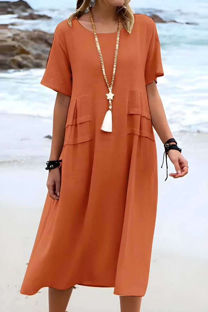 Calla | Women's Linen Short-Sleeve Relaxed Pocket Maxi Dress