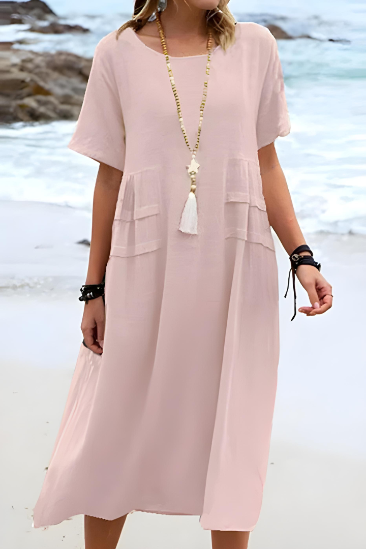 Calla | Women's Linen Short-Sleeve Relaxed Pocket Maxi Dress