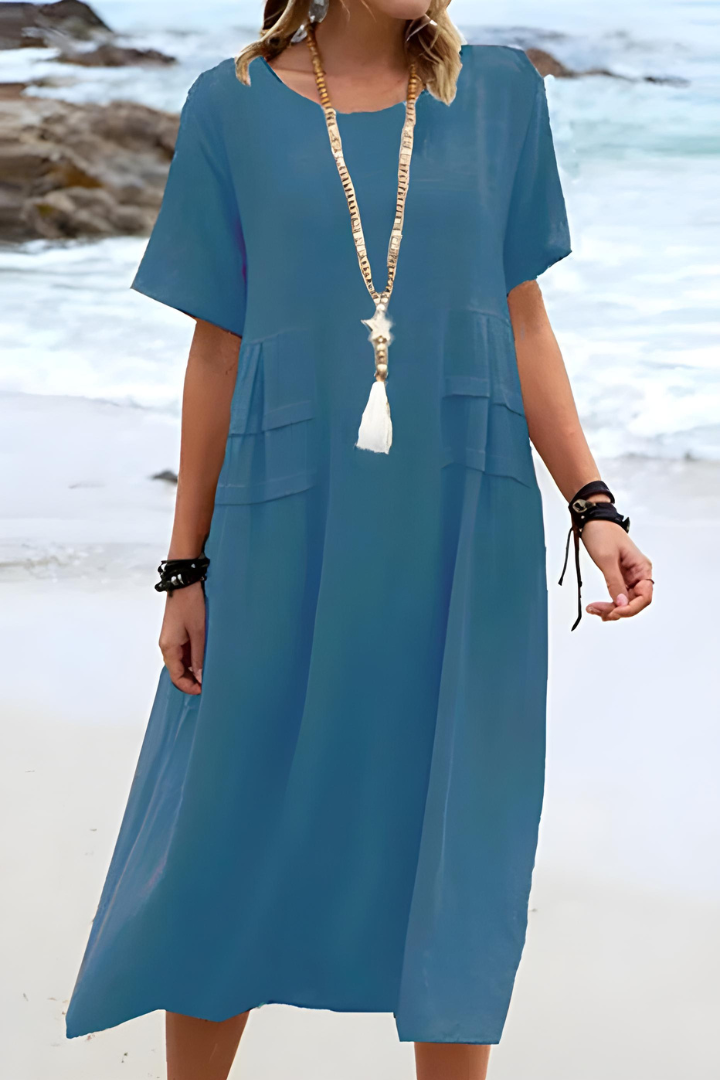 Calla | Women's Linen Short-Sleeve Relaxed Pocket Maxi Dress