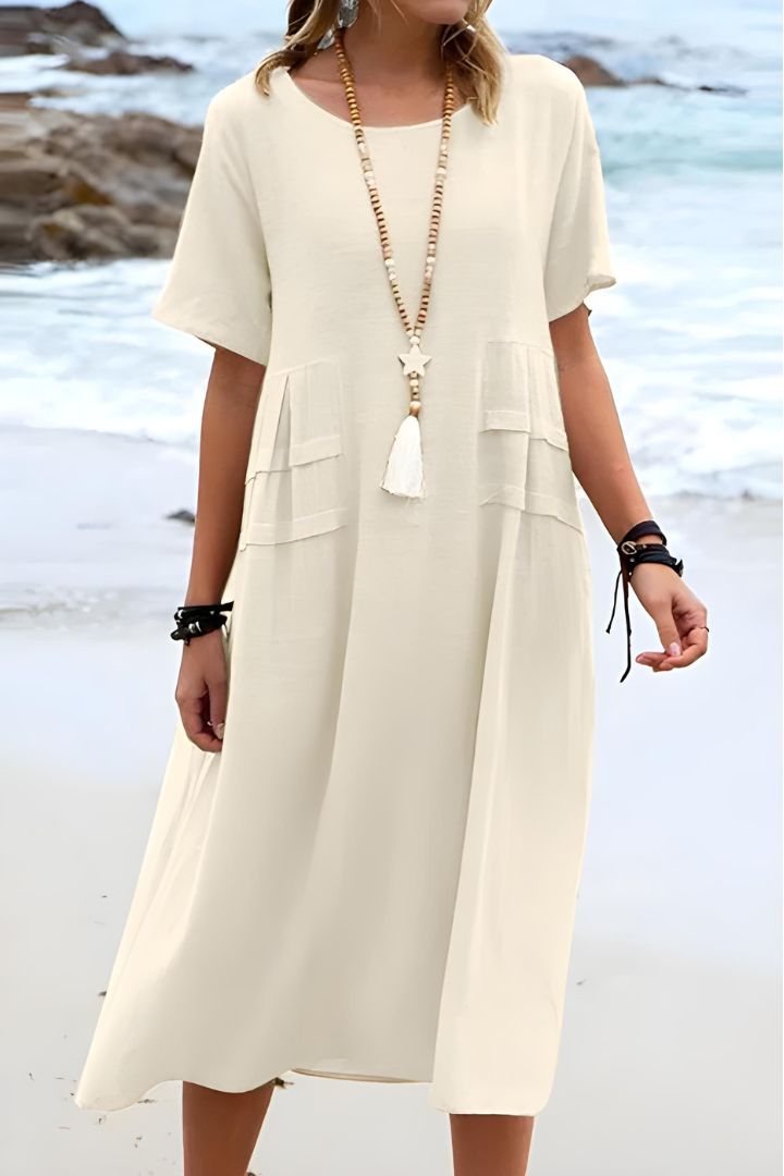 Calla | Women's Linen Short-Sleeve Relaxed Pocket Maxi Dress