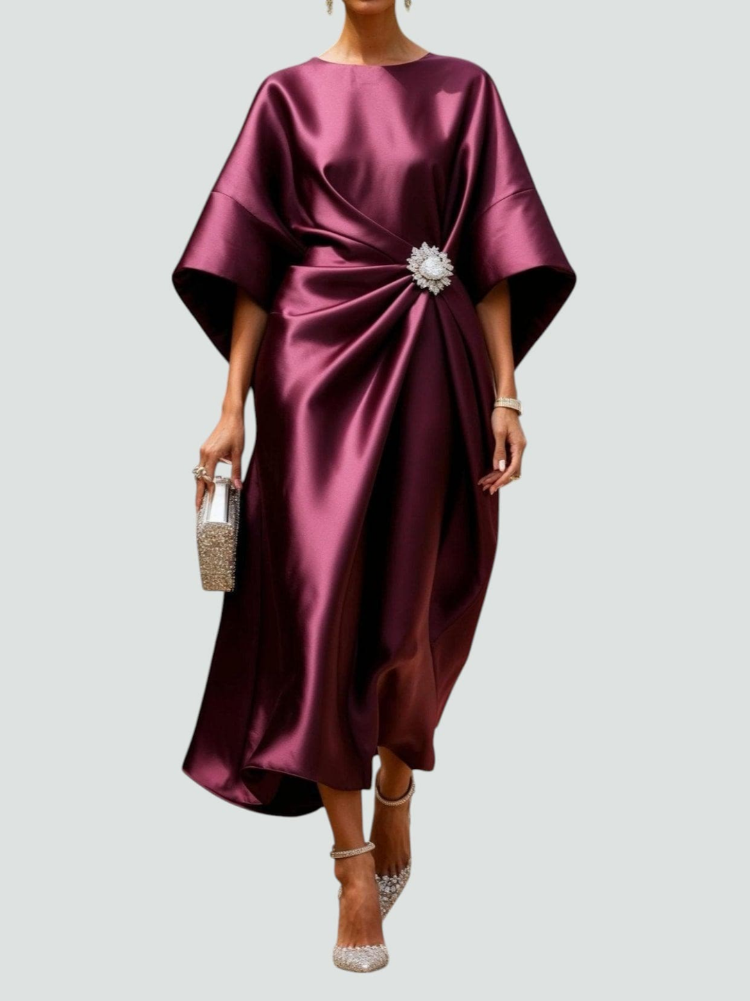 Callum | Women's Satin Draped Wide-Sleeve Midi Dress Elegan