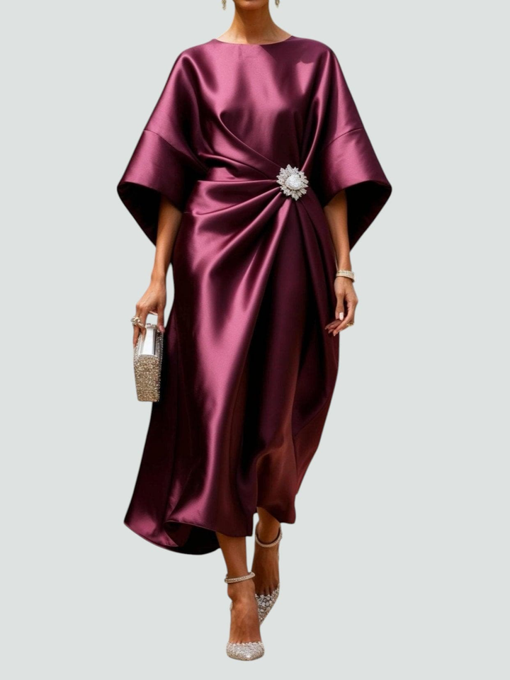 Callum | Women's Satin Draped Wide-Sleeve Midi Dress Elegan
