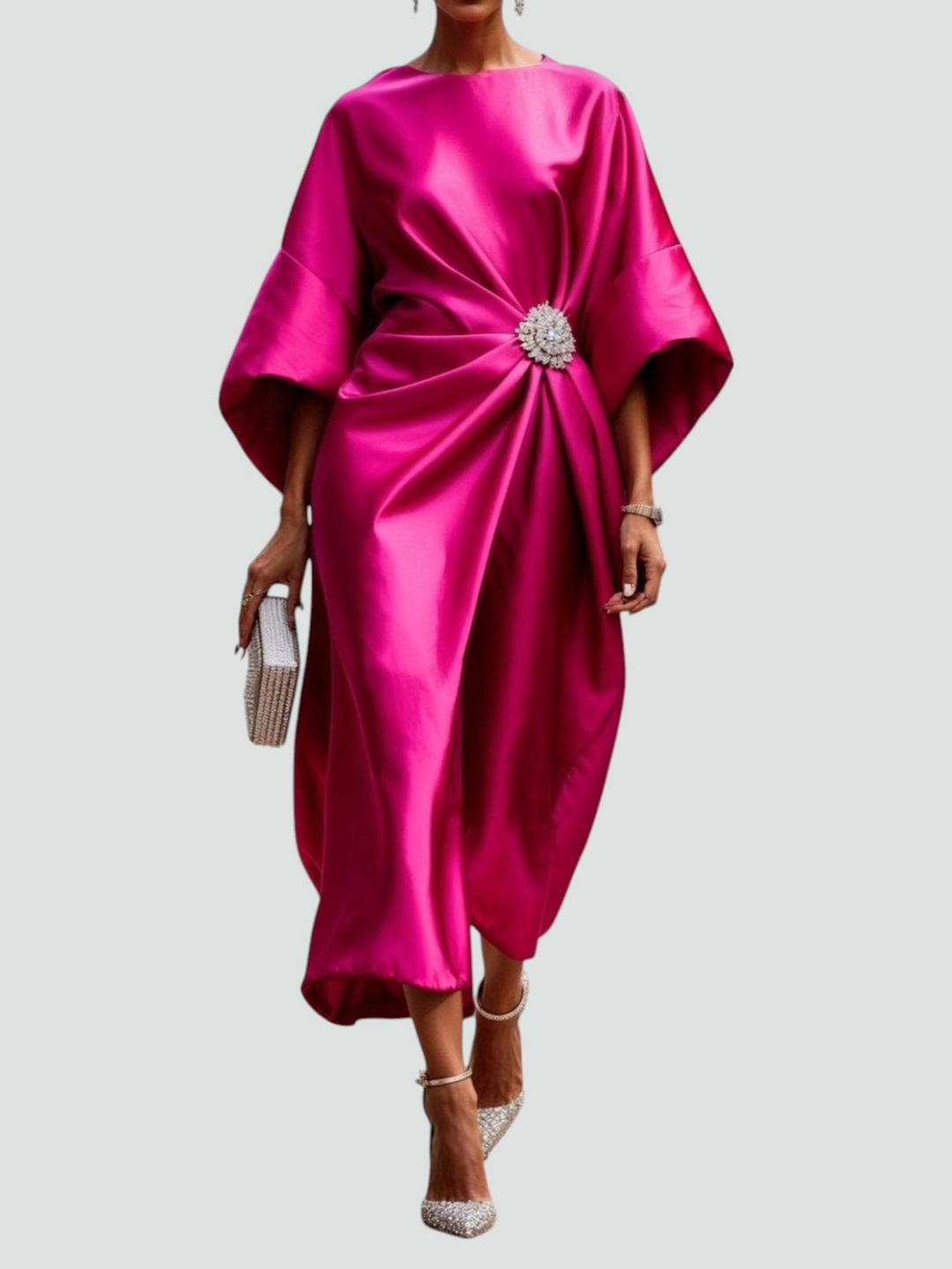 Callum | Women's Satin Draped Wide-Sleeve Midi Dress Elegan