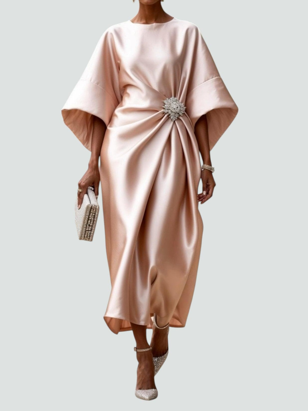 Callum | Women's Satin Draped Wide-Sleeve Midi Dress Elegan