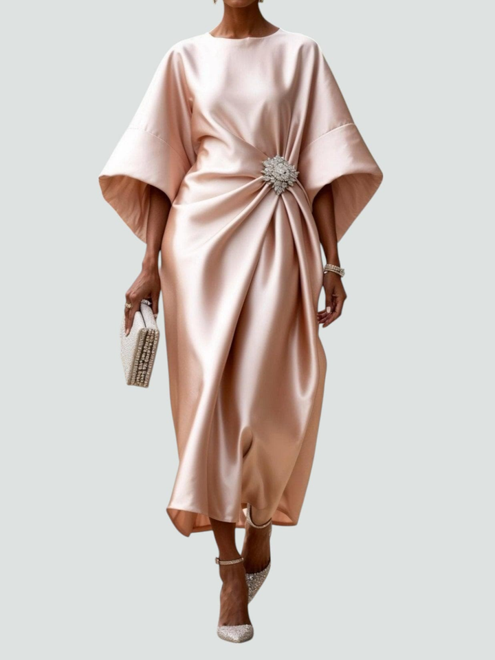 Callum | Women's Satin Draped Wide-Sleeve Midi Dress Elegan