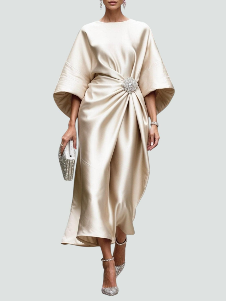 Callum | Women's Satin Draped Wide-Sleeve Midi Dress Elegan
