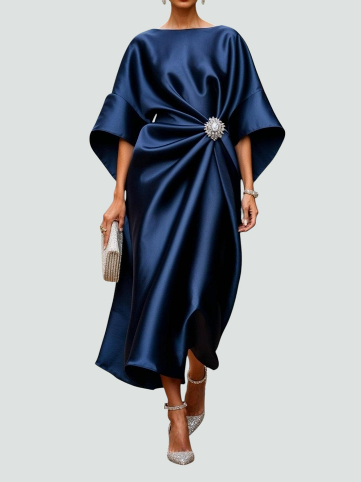 Callum | Women's Satin Draped Wide-Sleeve Midi Dress Elegan