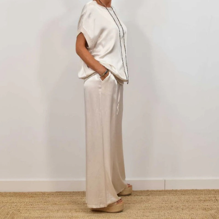 Celeste | Women's Satin Short-Sleeve Top & Wide-Leg Trouser Set