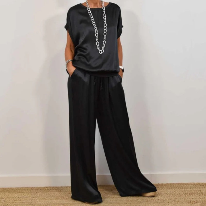 Celeste | Women's Satin Short-Sleeve Top & Wide-Leg Trouser Set
