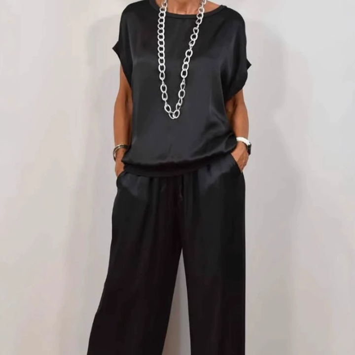 Celeste | Women's Satin Short-Sleeve Top & Wide-Leg Trouser Set