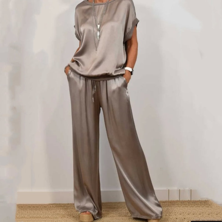 Celeste | Women's Satin Short-Sleeve Top & Wide-Leg Trouser Set