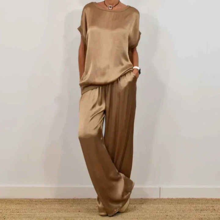 Celeste | Women's Satin Short-Sleeve Top & Wide-Leg Trouser Set
