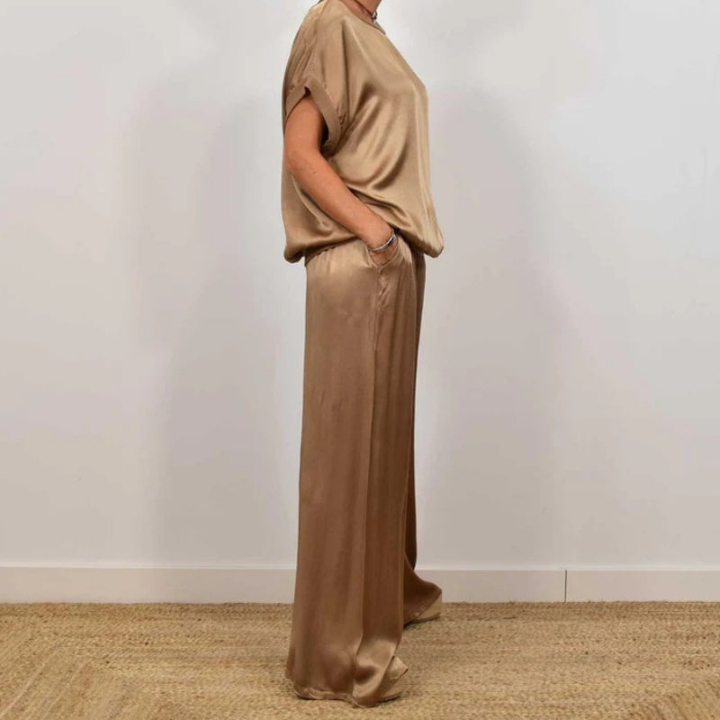 Celeste | Women's Satin Short-Sleeve Top & Wide-Leg Trouser Set