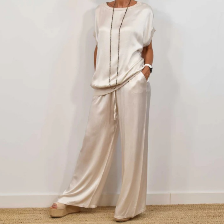Celeste | Women's Satin Short-Sleeve Top & Wide-Leg Trouser Set