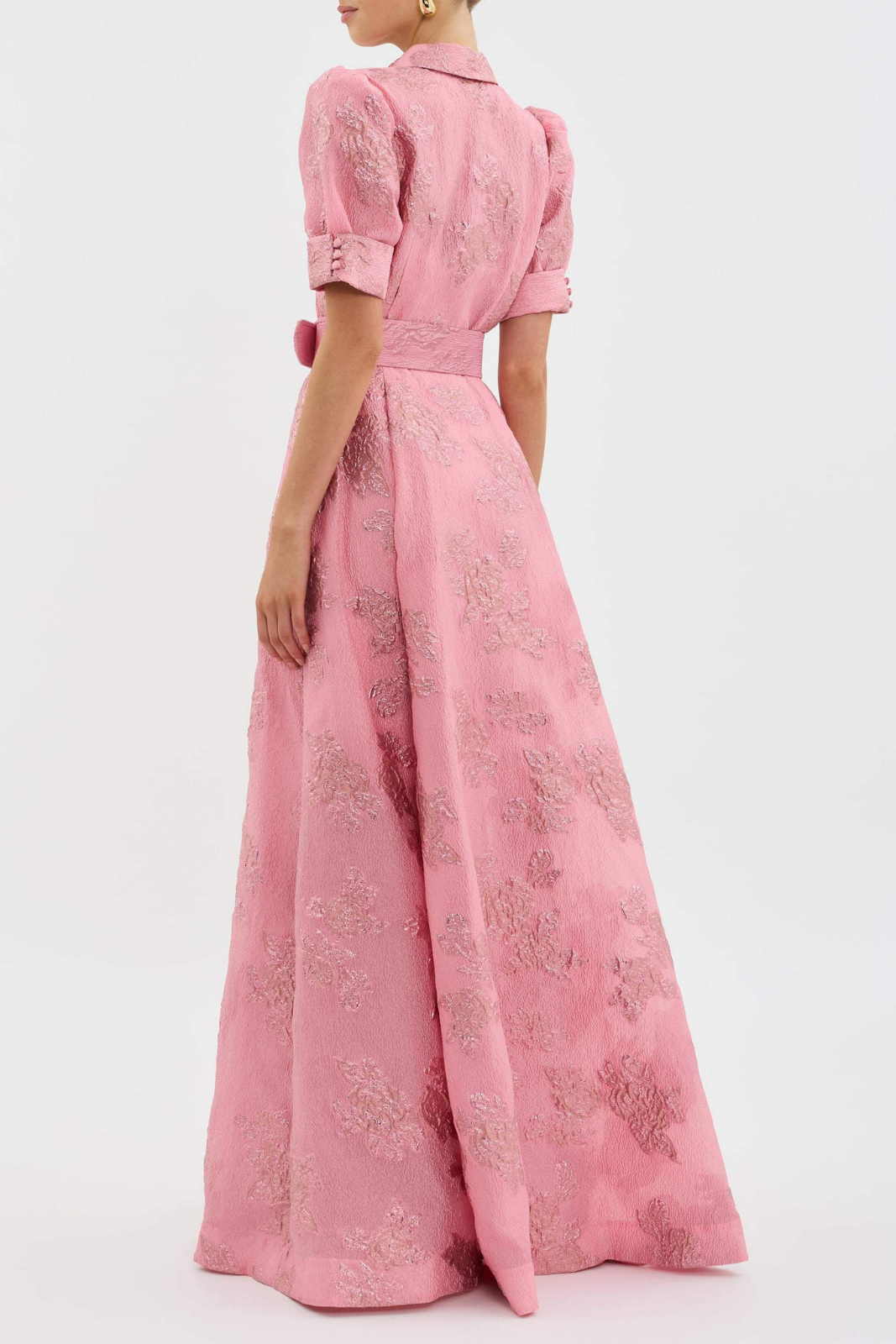 Celestine | Women's Satin Jacquard Floral Puff-Sleeve Maxi Dress Elegant