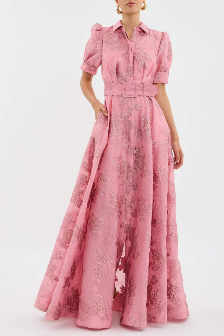Celestine | Women's Satin Jacquard Floral Puff-Sleeve Maxi Dress Elegant