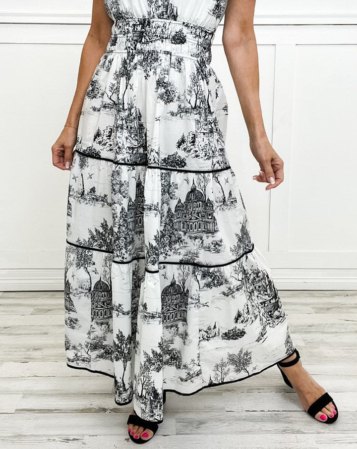 Clementine | Women's Cotton Toile Print Puff Sleeve Tiered Maxi Dress